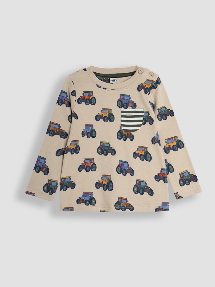 Traktoren-Print und Streifen, Stone - JoJo Maman Bébé Long Sleeve 2-Pack Tops - Bild 2 von 5