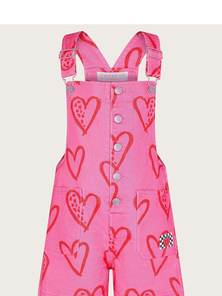 Monsoon Pink Heart Print Denim Dungarees - Image 1 of 3