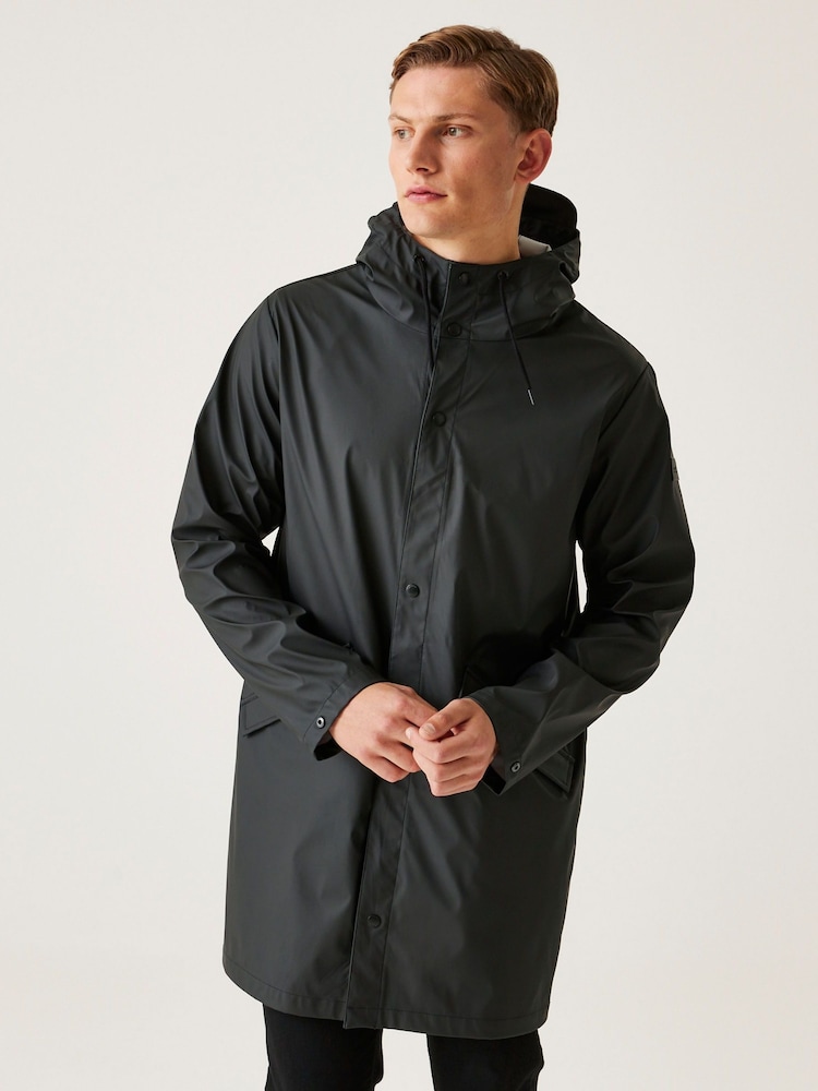 Regatta Black Trustan Longline PU Rain Jacket - Image 1 of 8 Regatta Black Trustan Longline PU Rain Jacket - Image 1 of 8