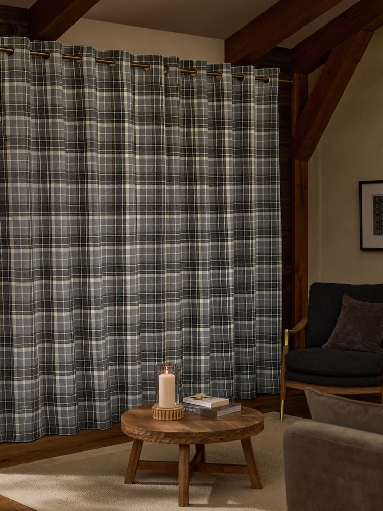 Grey Woven Check Eyelet Lined Curtains - Image 2 of 3