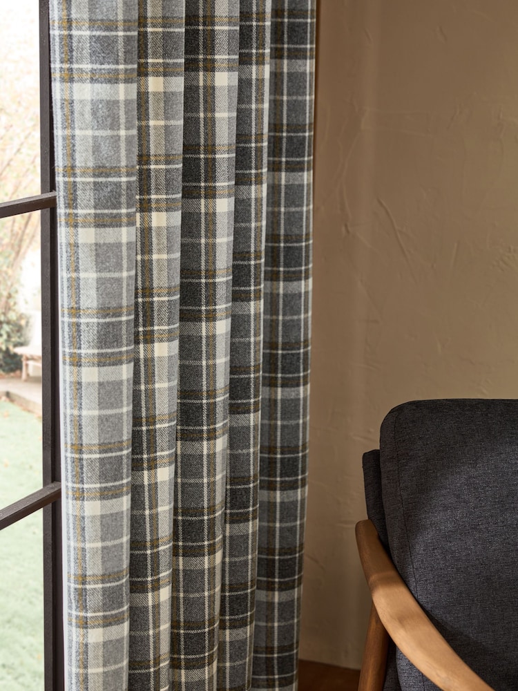 Grey Woven Check Eyelet Lined Curtains - Image 3 of 3