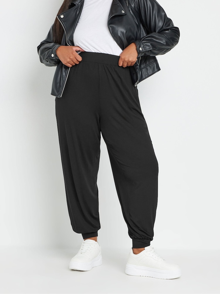 Yours Curve Black Full Length Jersey Cuffed Harem Joggers - Image 1 of 6
