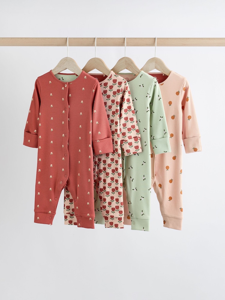Green/Orange Floral 4 Pack Baby Footless Sleepsuits (0mths-3yrs) - Image 1 of 14