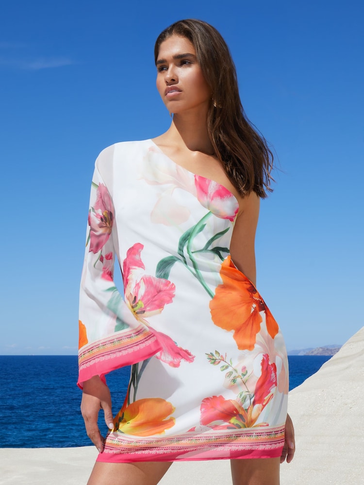 Lipsy White Floral One Sleeve Mini Shift Dress - Image 1 of 4 Lipsy White Floral One Sleeve Mini Shift Dress - Image 1 of 4