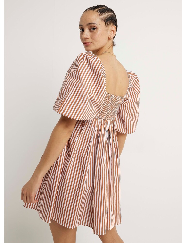 River Island Brown 100% Cotton Stripe Puff Sleeve Smock Mini Dress - Image 2 of 3 River Island Brown 100% Cotton Stripe Puff Sleeve Smock Mini Dress - Image 2 of 3