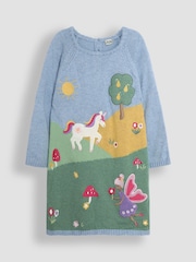 JoJo Maman Bébé Blue Fairy & Unicorn Meadow Scene Knitted Dress - Image 1 of 3