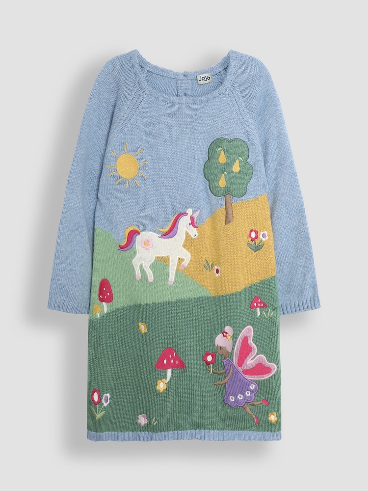 JoJo Maman Bébé Blue Fairy & Unicorn Meadow Scene Knitted Dress - Image 1 of 3