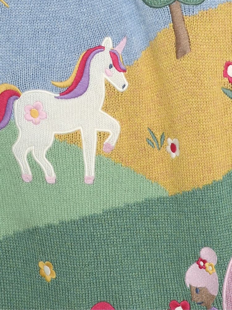 JoJo Maman Bébé Blue Fairy & Unicorn Meadow Scene Knitted Dress - Image 3 of 3