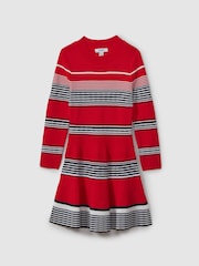 Reiss Red Remi 13-14 yrs Knitted Striped Skater Dress - Image 1 of 4