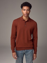 Terrakotta-Orange - Langärmeliges Polo-Shirt aus Feinstrick - Bild 1 von 8