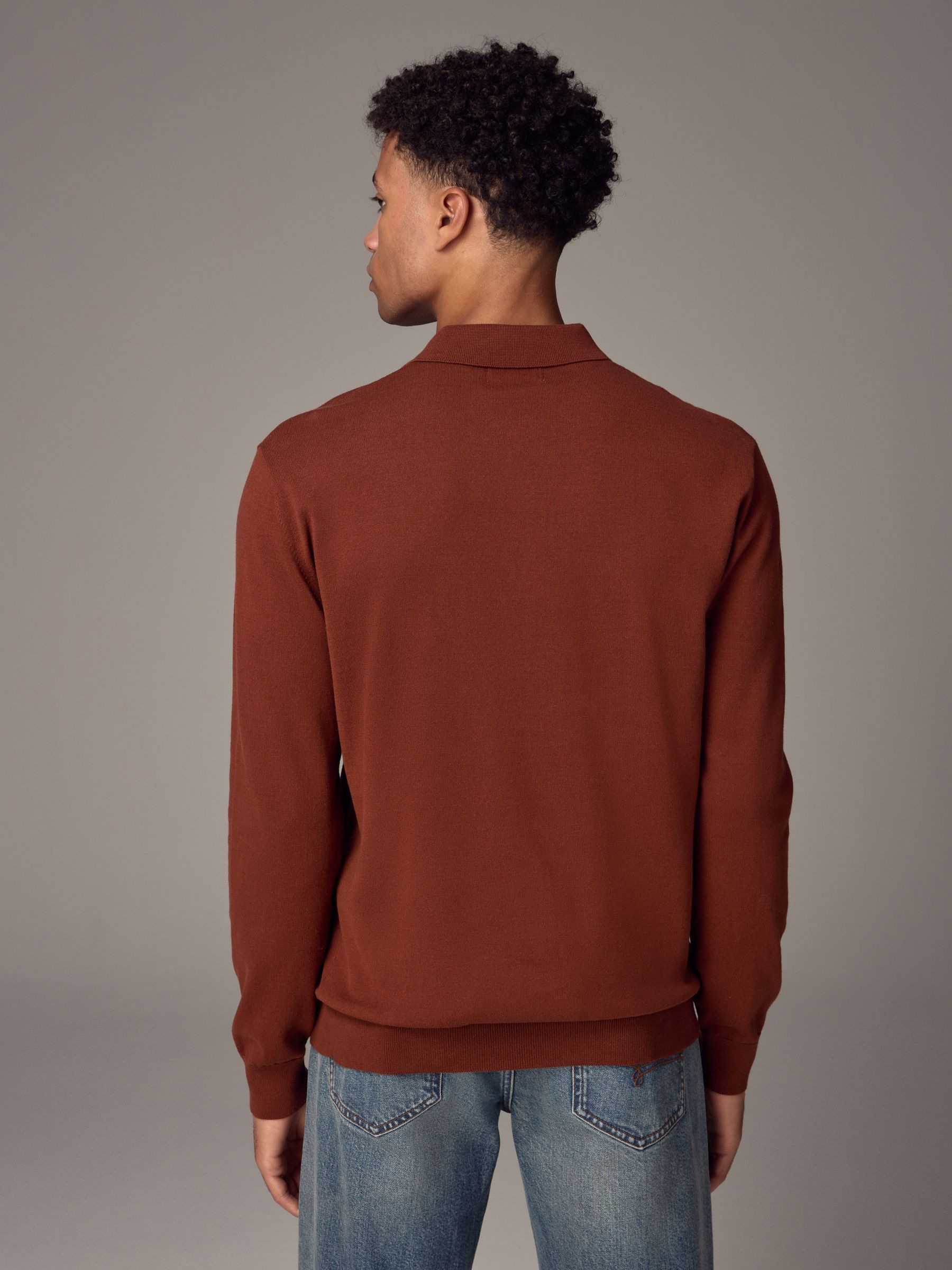 Buy Orange Terracotta Regular Fit Knitted Long Sleeve Polo