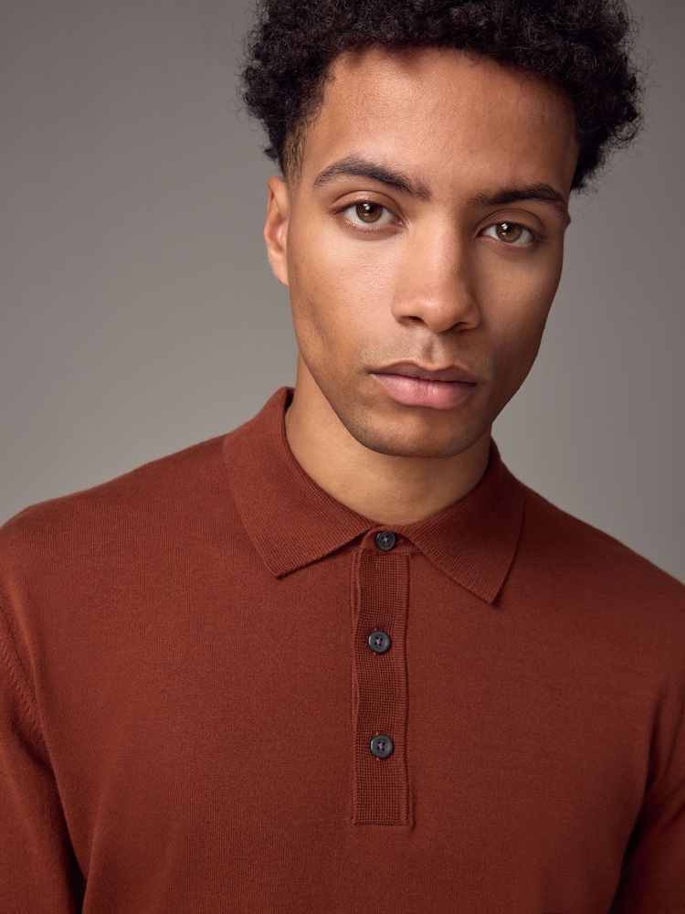 Orange Terracotta Regular Fit Knitted Long Sleeve Polo Shirt - Image 4 of 8