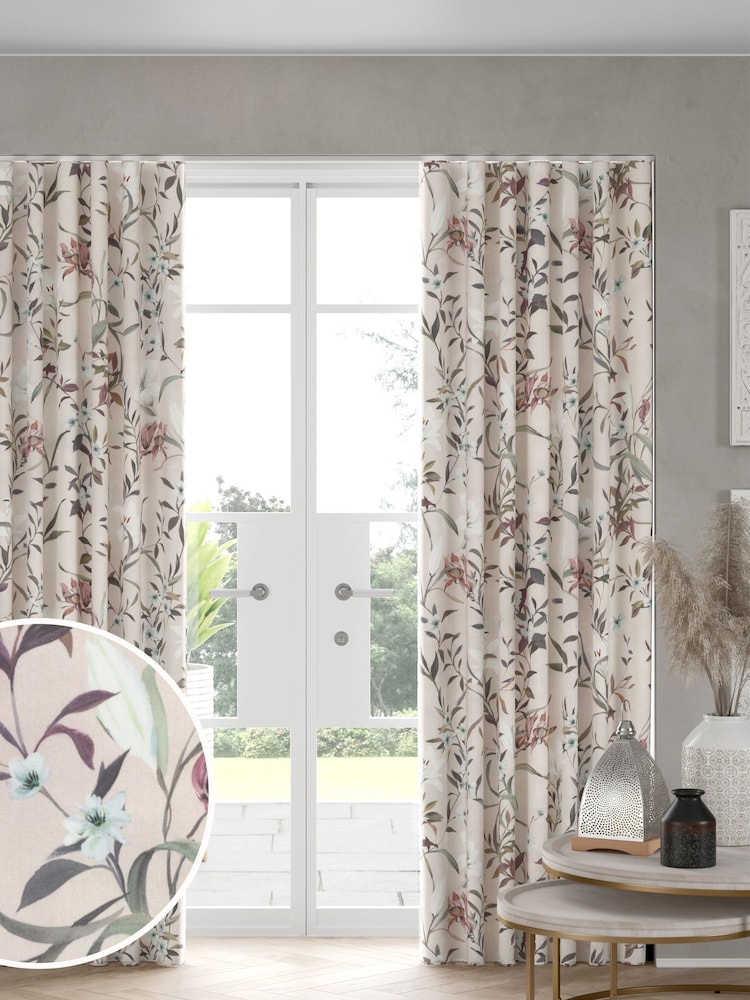 Pink Lily Floral Made to Measure 100% Cotton Curtains - Image 1 of 9