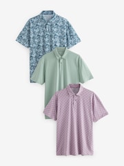 Blue/Pink/Green Japanese Print Regular Fit Short Sleeve Jersey Polo Shirts 3 Pack - Image 1 of 11