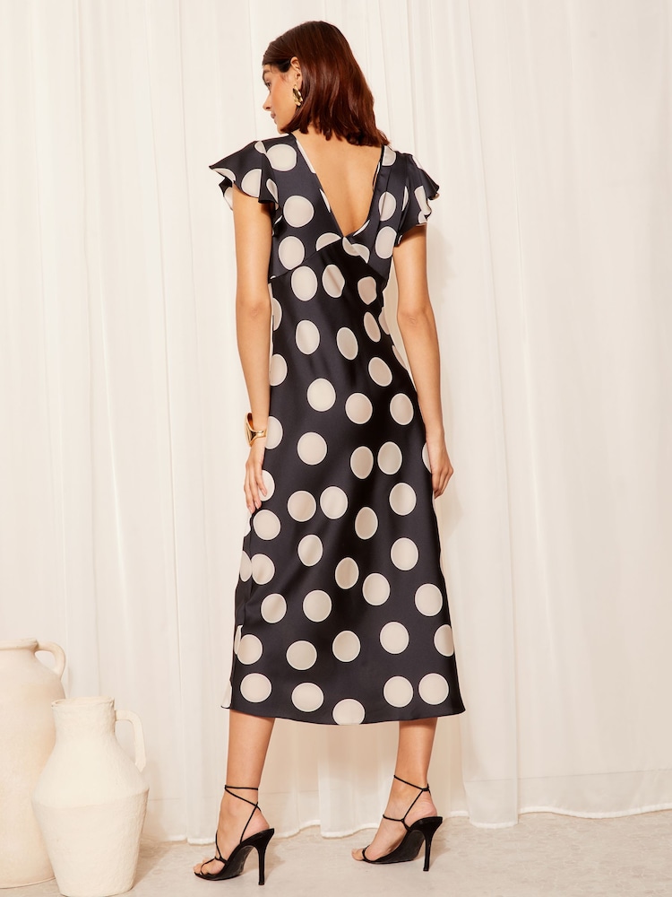 Friends Like These Black/White Satin Ruffle Sleeve Bias Cut Midi Dress - Image 4 of 4 Friends Like These Black/White Satin Ruffle Sleeve Bias Cut Midi Dress - Image 4 of 4