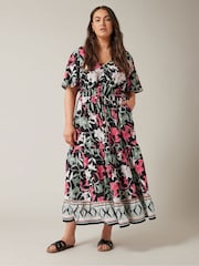 Evans Curve Black Floral Design Border Print Midi Dress - Image 1 of 4