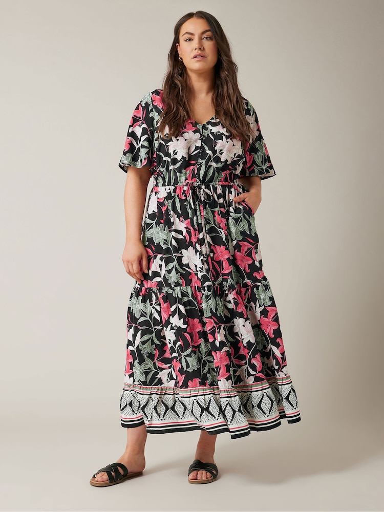 Evans Curve Schwarzes Midi-Kleid mit Blumenbordüre und Design-Print - Bild 1 von 4 Evans Curve Schwarzes Midi-Kleid mit Blumenbordüre und Design-Print - Bild 1 von 4