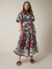 Evans Curve Black Floral Design Border Print Midi Dress - Image 2 of 4
