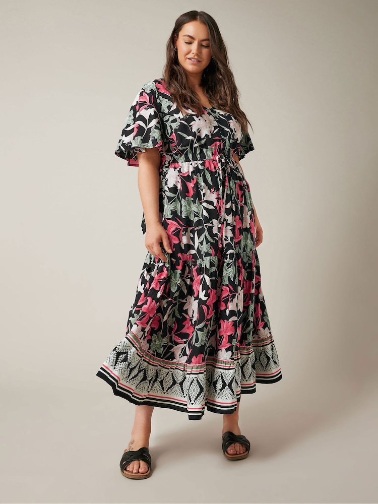 Evans Curve Black Floral Design Border Print Midi Dress - Image 2 of 4