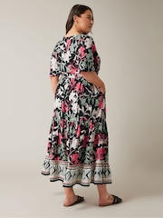 Evans Curve Black Floral Design Border Print Midi Dress - Image 3 of 4