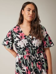 Evans Curve Black Floral Design Border Print Midi Dress - Image 4 of 4
