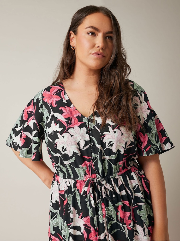 Evans Curve Black Floral Design Border Print Midi Dress - Image 4 of 4