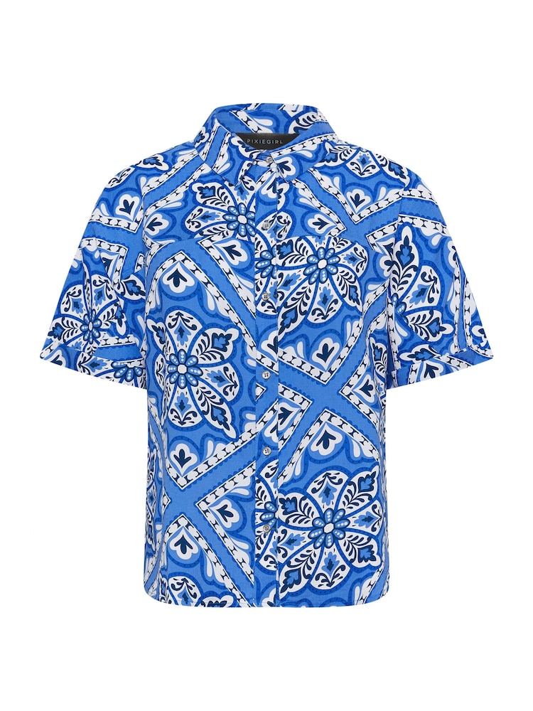 PixieGirl Petite Blue Tile Print Short Sleeve Shirt - Image 5 of 5