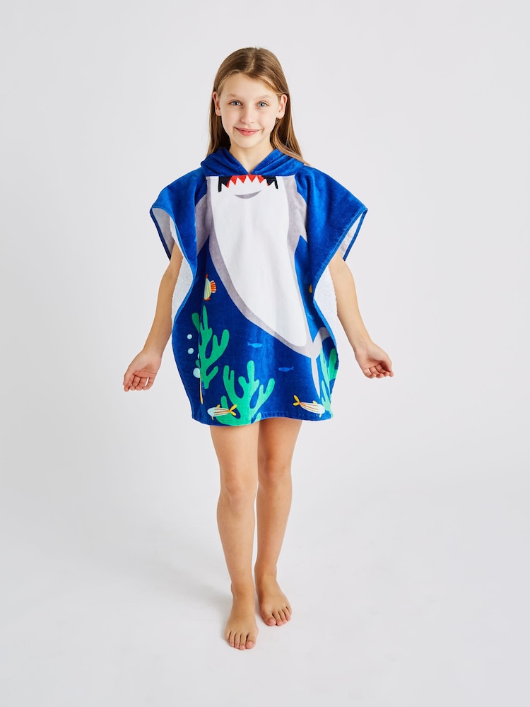 Catherine Lansfield Blue Shark Hooded Poncho 100% Cotton Towel - Image 1 of 5