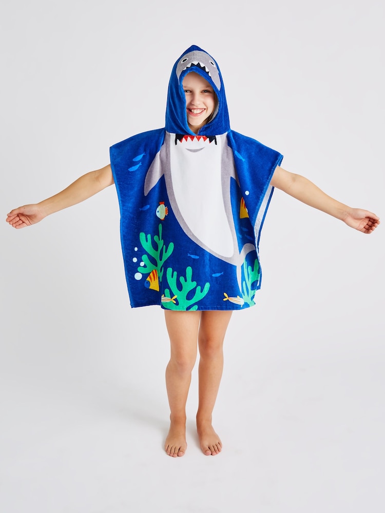 Catherine Lansfield Blue Shark Hooded Poncho 100% Cotton Towel - Image 2 of 5
