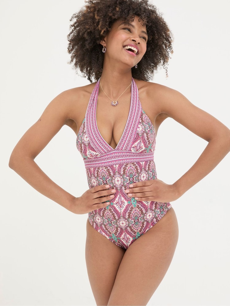 FatFace Serena Pink Detail Paisley Swimsuit - Image 1 of 6