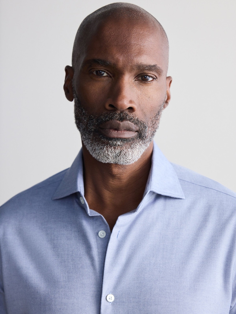 Light Blue Slim Fit Signature Cotton And Cashmere Blend Single Cuff Shirt - Image 4 of 4