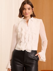 Love & Roses Cream Ruffle Button Through Long Sleeve Blouse - Image 1 of 4