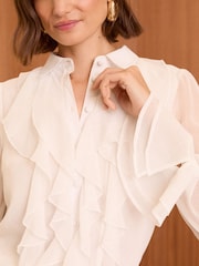 Love & Roses Cream Ruffle Button Through Long Sleeve Blouse - Image 2 of 4