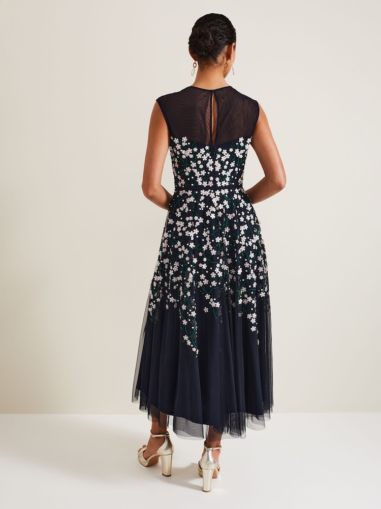 Phase Eight Blue Ellen Blossom Beaded Midi Dress - Image 2 of 7