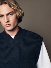 Navy Blue Regular Fit Rib Texture Tank with Wool - Image 1 of 7
