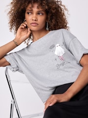 Grey Halloween Boogie Fever Ghost Disco Ball Novelty Graphic Slogan T-Shirt - Image 1 of 6