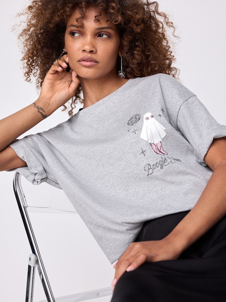 Grey Halloween Boogie Fever Ghost Disco Ball Novelty Graphic Slogan T-Shirt - Image 1 of 6