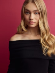 Black Ribbed Long Sleeve Bardot Top - Image 4 of 7