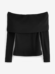 Black Ribbed Long Sleeve Bardot Top - Image 5 of 7