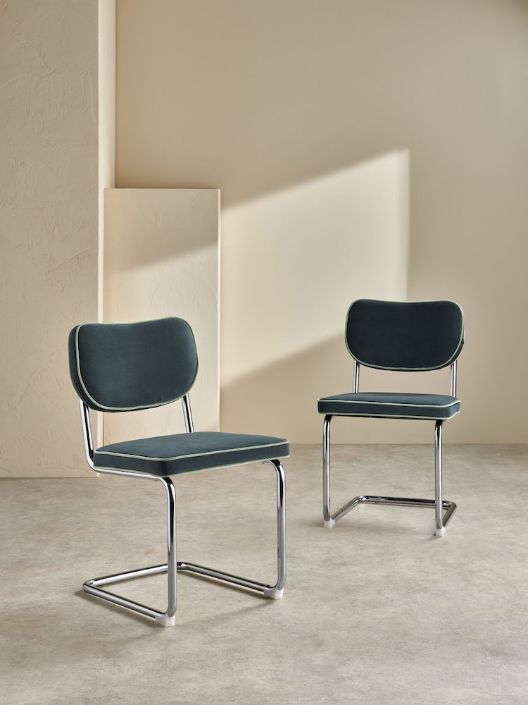 MADE.COM Set of 2 Grey with Jade Green Piping Parker Dining Chairs in Velvet - Image 2 of 6