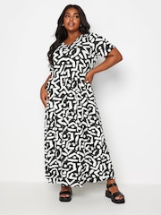 Yours Curve Black & White Abstract Print Pleated Maxi Dress - Image 1 of 5