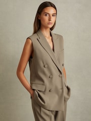 Reiss Khaki Madelyn Petite Double Breasted Longline Suit Waistcoat - Image 3 of 6