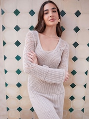 Threadbare White Long Sleeve Knitted Maxi Dress - Image 1 of 4