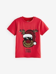 Red Rudolph Sequin Short Sleeve Christmas 100% Cotton T-Shirt (3-16yrs) - Image 5 of 9