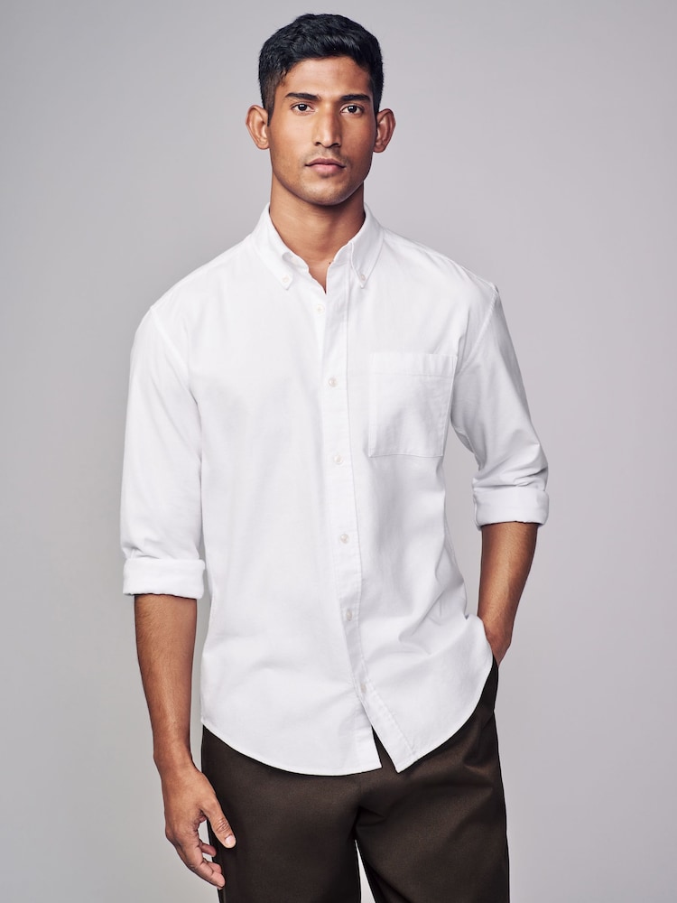 White Brushed 100% Cotton Oxford Long Sleeve Shirt - Image 1 of 8