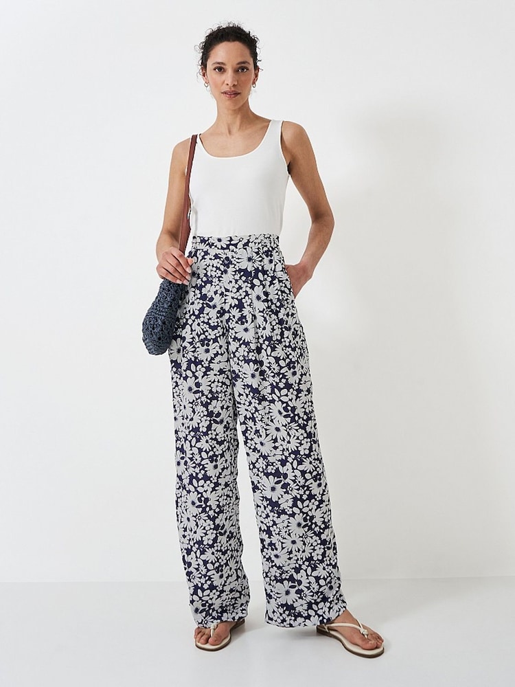 Crew Clothing Blue Dion Floral Print Wide Leg 100% Cotton Trousers - Image 1 of 4 Crew Clothing Blue Dion Floral Print Wide Leg 100% Cotton Trousers - Image 1 of 4