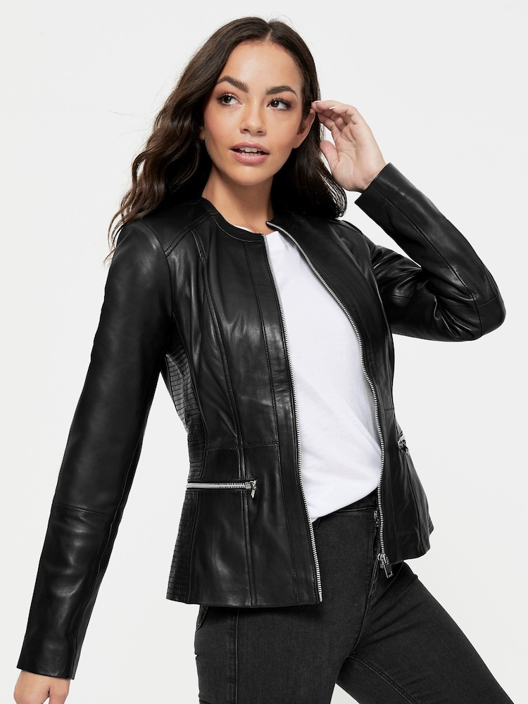 Urban Code Black Petite Collarless Leather Jacket - Image 1 of 5
