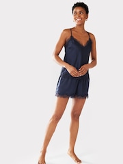 Chelsea Peers Navy Blue Satin Lace Trim Cami Short Pyjama Set - Image 1 of 5