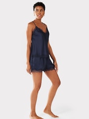 Chelsea Peers Navy Blue Satin Lace Trim Cami Short Pyjama Set - Image 2 of 5
