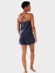 Chelsea Peers Navy Blue Satin Lace Trim Cami Short Pyjama Set - Image 3 of 5